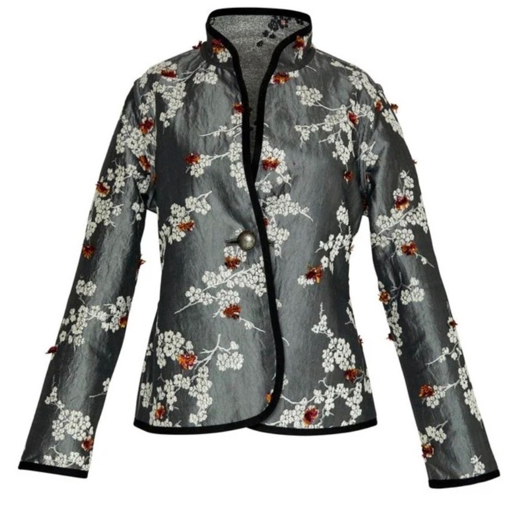 $225 Trimdin Women Artisan Classic Blossom Charcoal Jacket  XL Reversible Artsy